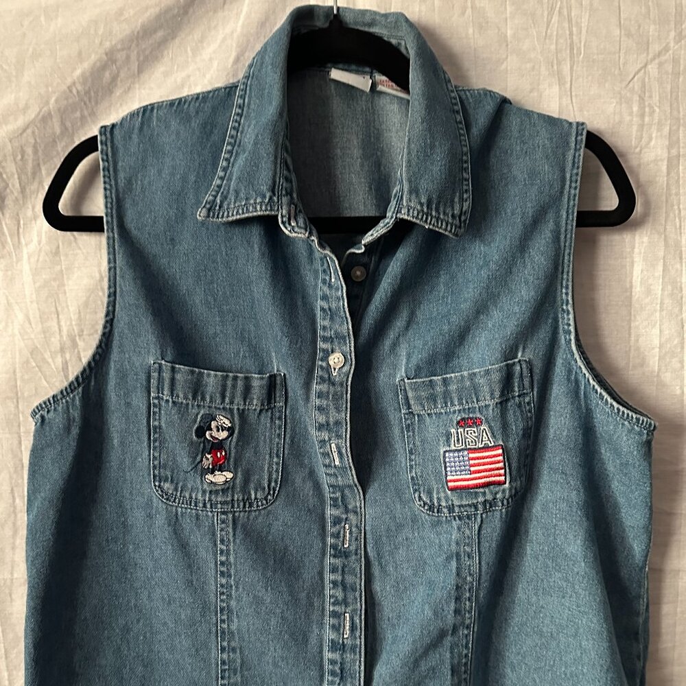 Vintage Disney | Denim embroidered Disney Mickey Mouse USA Button Up Sleeveless